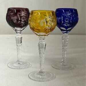 3 Ajka Marsalla Cordial Stems Glasses Gold Blue Purple